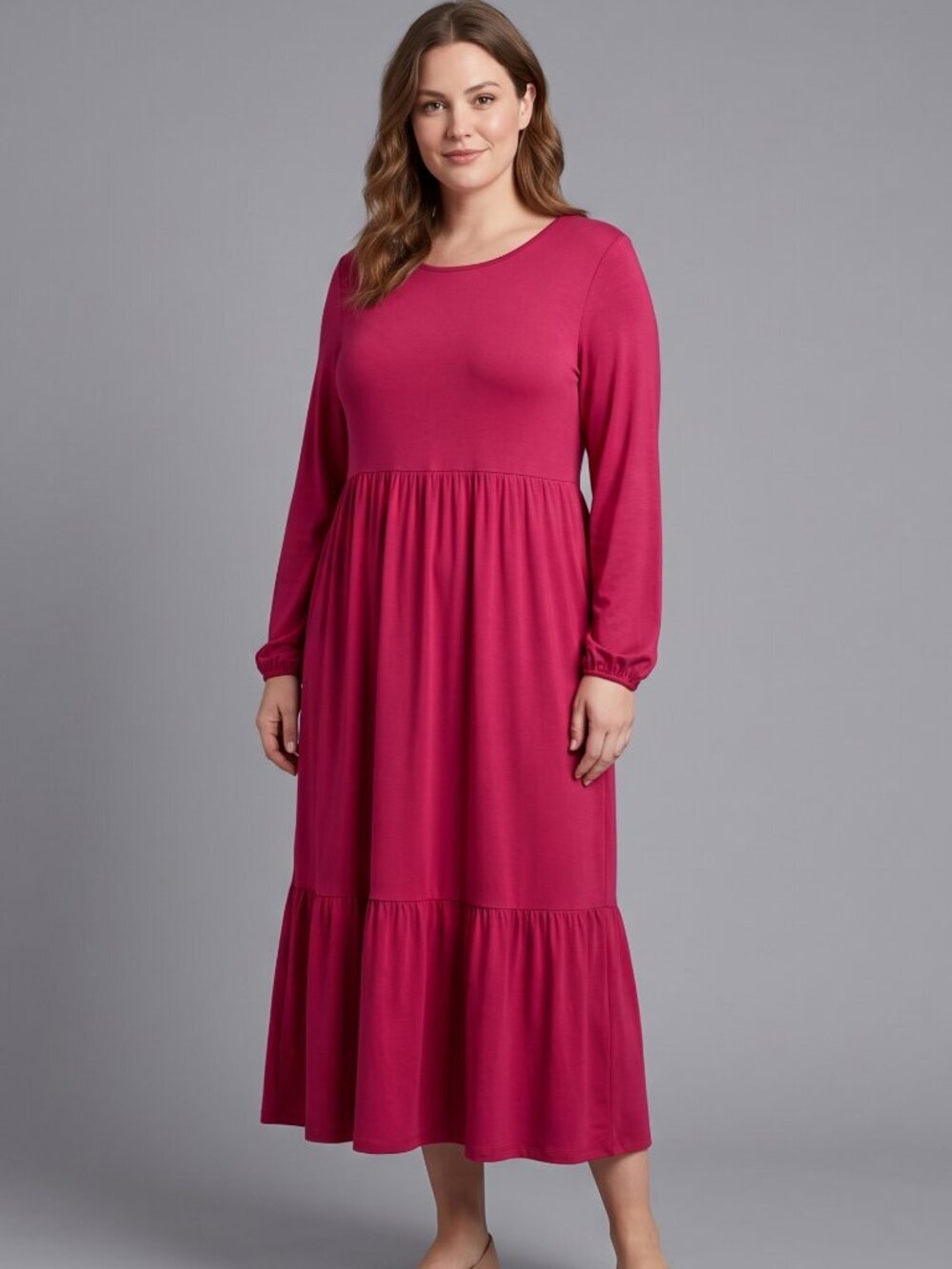 NWT | Fuchsia Pink Tiered Midi Dress | Long Sleeve | Vibrant | M